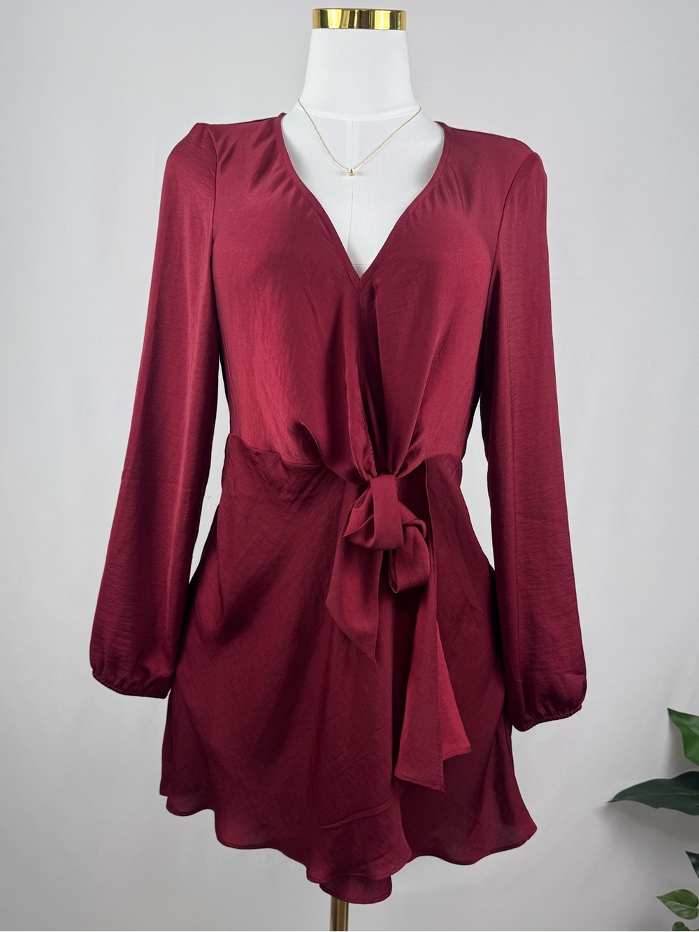 Express Burgundy Satin Tie Front Mini Dress Long Sleeve Size M